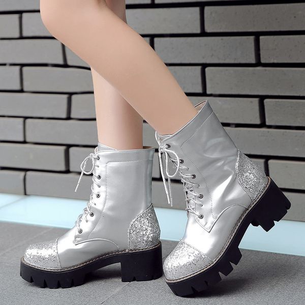 sarairis 2020 plus size 43 fashion square heels shoelaces winter shoes woman boots female shoes platform ankle boots women, Black